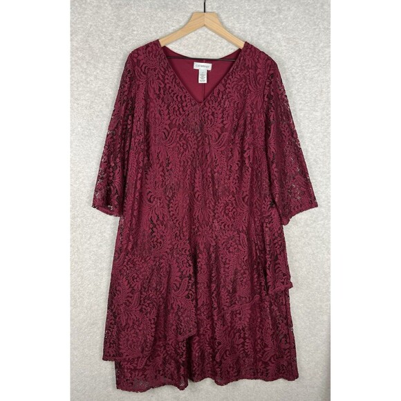 Catherines Dress Womens 1X Red Burgundy‎ Lace Holiday Christmas  Ruffle - Picture 1 of 9